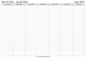 april 2022 weekly calendar landscape layout