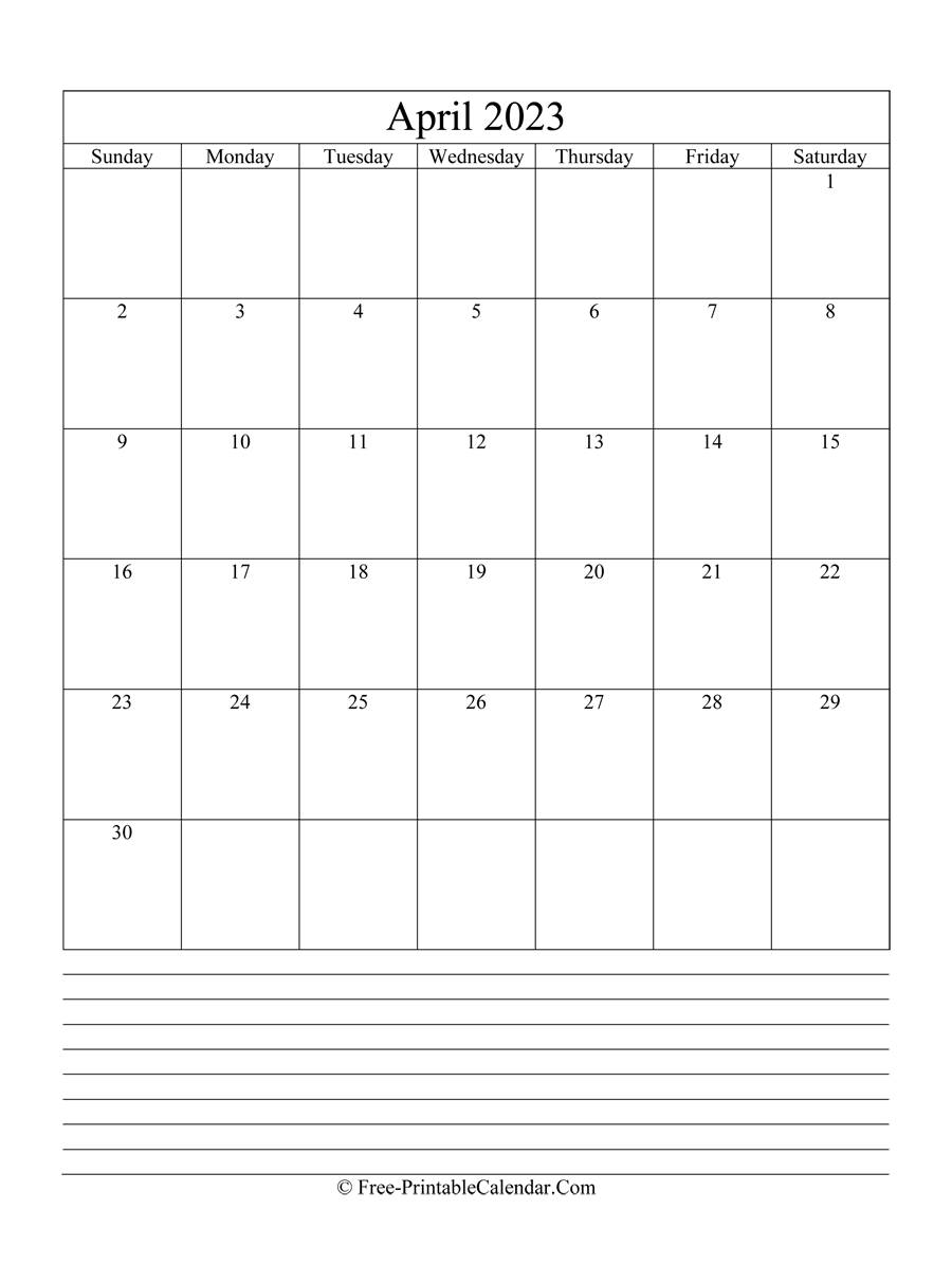 april 2023 Editable Calendar with notes