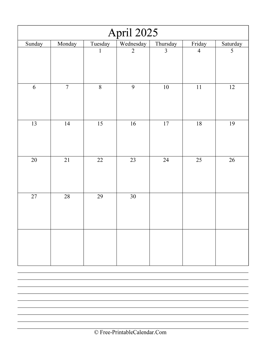 april 2025 Editable Calendar with notes