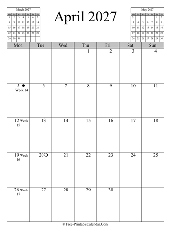 april 2027 calendar vertical