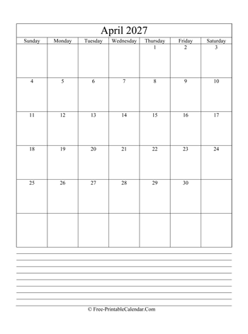 april 2027 editable calendar with notes space