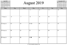 august 2019 calendar horizontal