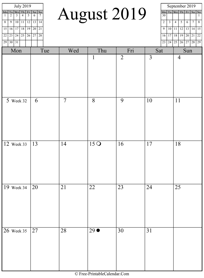 august 2019 Calendar (vertical layout)