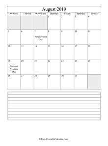 august 2019 editable calendar notes portrait