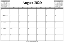 August 2020 Calendar (horizontal)