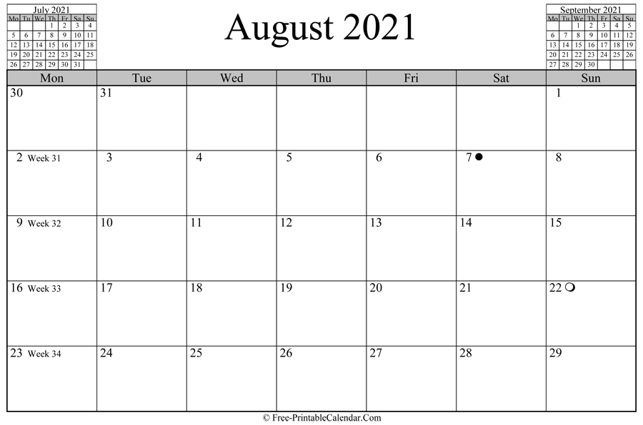 august 2021 Calendar (horizontal layout)