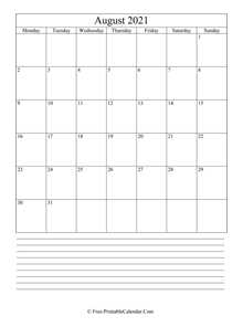 august 2021 editable calendar notes portrait