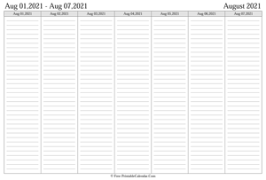 august 2021 weekly calendar landscape layout