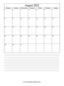 august 2022 editable calendar notes portrait