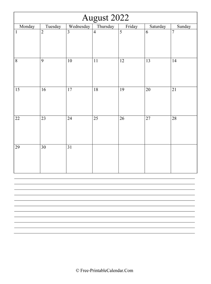 august 2022 Editable Calendar with notes