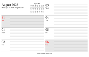 august 2022 weekly calendar planner landscape layout