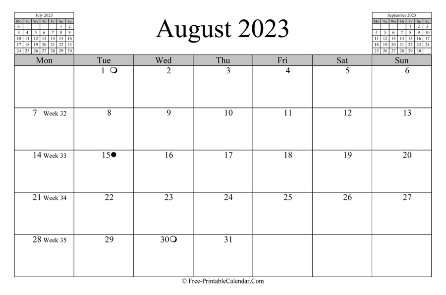 august 2023 Calendar (horizontal layout)