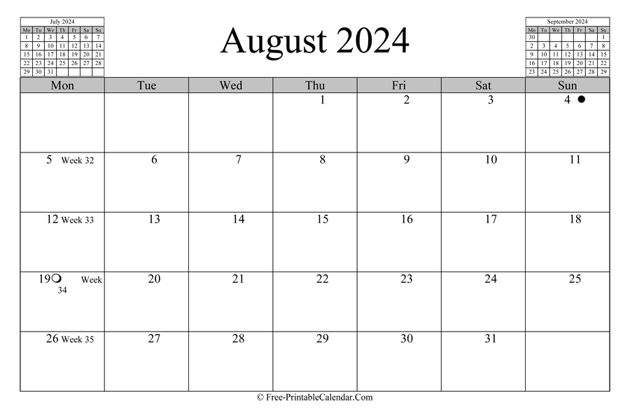 august 2024 Calendar (horizontal layout)