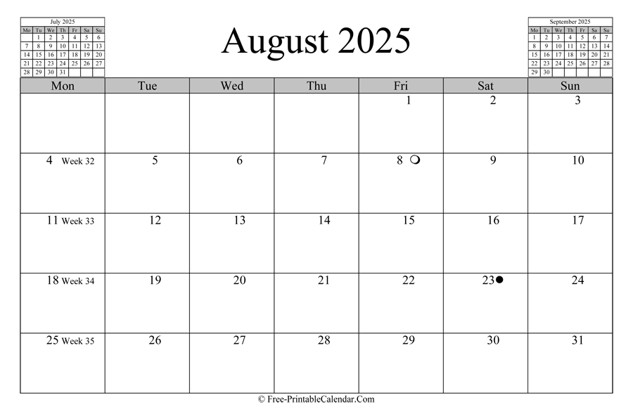 august 2025 Calendar (horizontal layout)