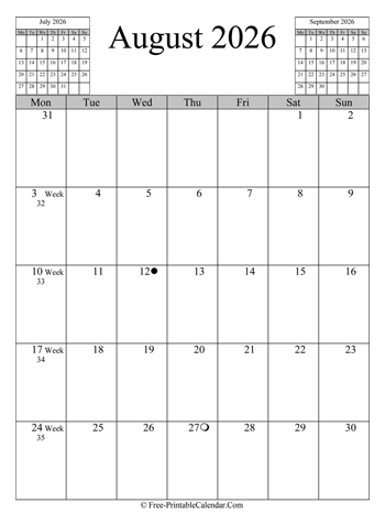 august 2026 calendar vertical