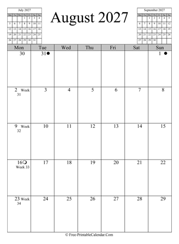 august 2027 calendar vertical