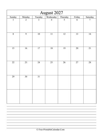 august 2027 editable calendar notes portrait