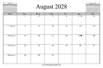 august 2028 calendar horizontal