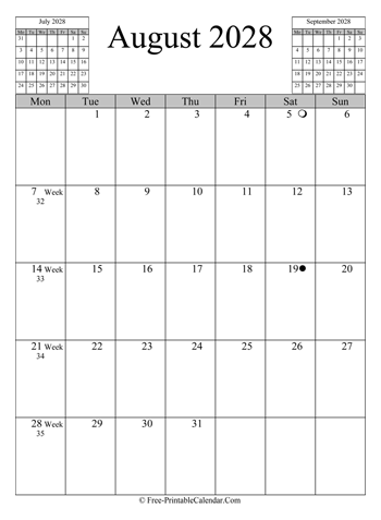 august 2028 calendar vertical