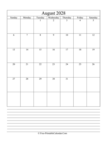 august 2028 editable calendar with notes space