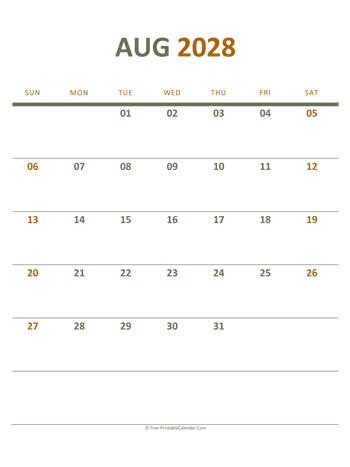 august 2028 printable calendar