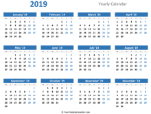 Blank Yearly Calendar 2019 (horizontal)