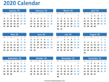 blank yearly calendar 2020 (horizontal layout)