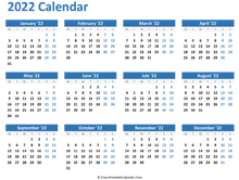 blank yearly calendar 2022 (horizontal layout)