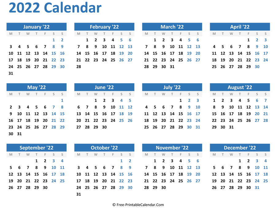 Blank Yearly Calendar 2022 Horizontal Layout 