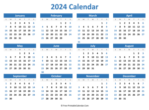 blank yearly calendar 2024 (horizontal layout)