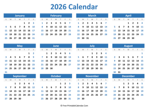 Blank Yearly Calendar 2026 (horizontal)