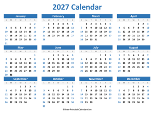 Blank Yearly Calendar 2027 (horizontal)
