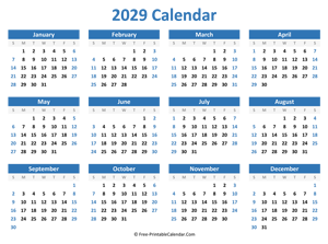 blank yearly calendar 2029 horizontal