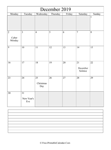 december 2019 editable calendar notes portrait