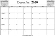 december 2020 calendar horizontal