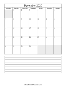 december 2020 editable calendar notes portrait