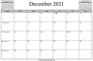 december 2021 calendar horizontal