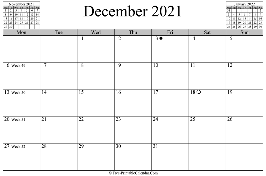 december 2021 Calendar (horizontal layout)