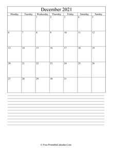 december 2021 editable calendar with notes space