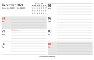 december 2021 weekly calendar planner landscape layout