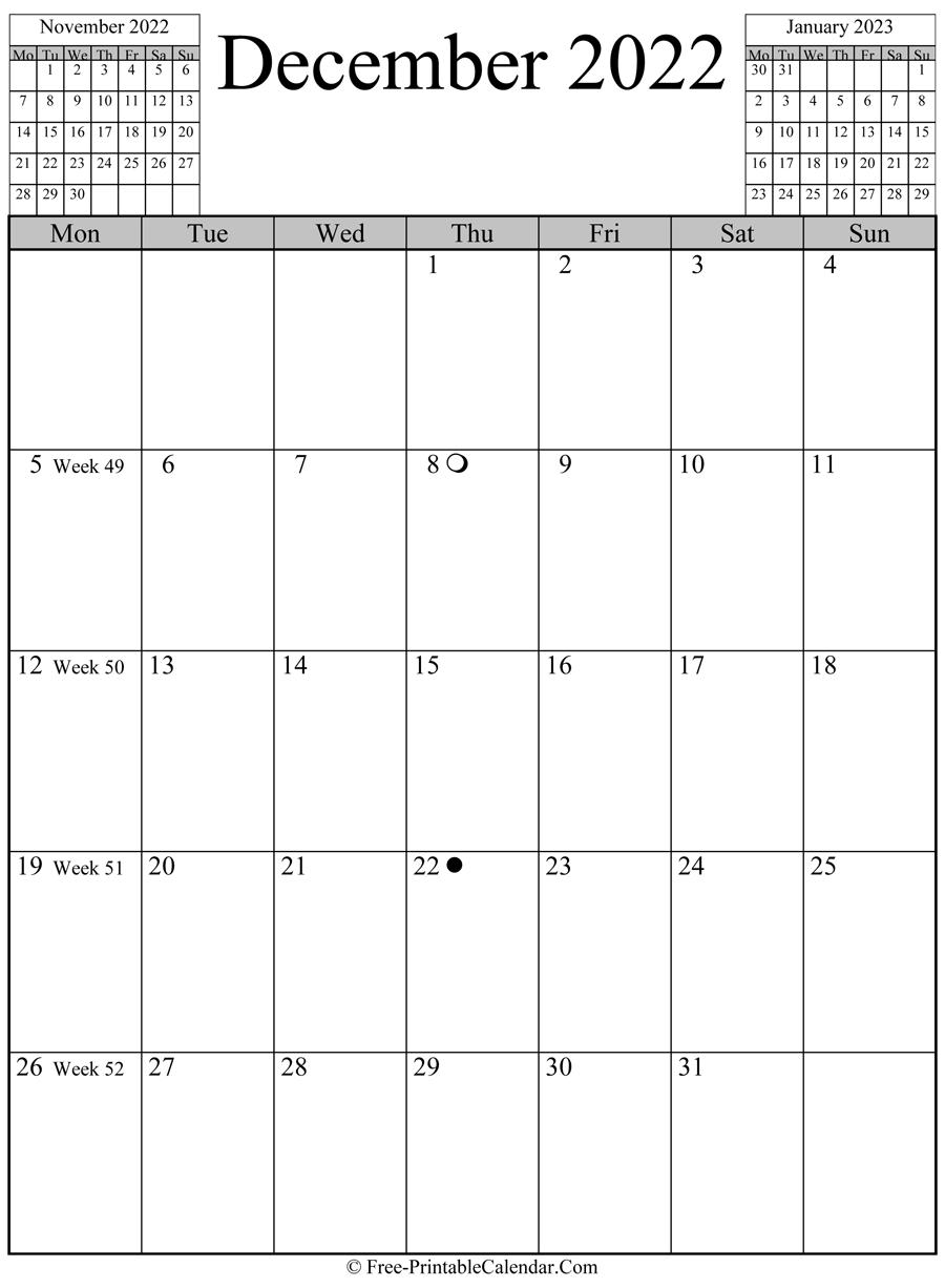december 2022 Calendar (vertical layout)