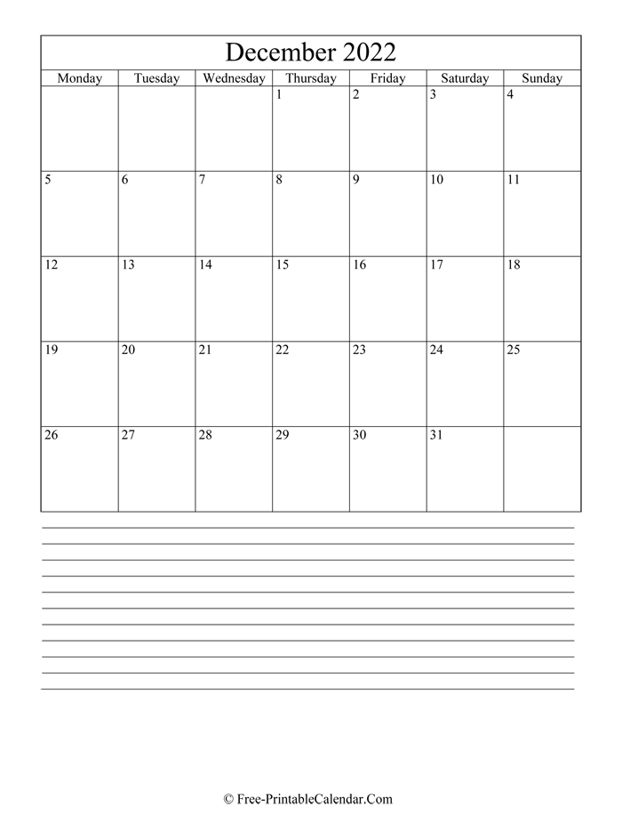december 2022 Editable Calendar with notes