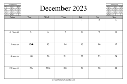december 2023 calendar horizontal