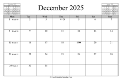 December 2025 Calendar (horizontal)