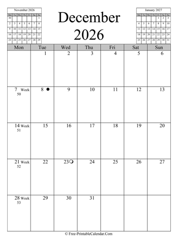december 2026 calendar vertical