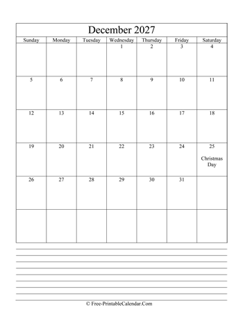 december 2027 editable calendar notes portrait