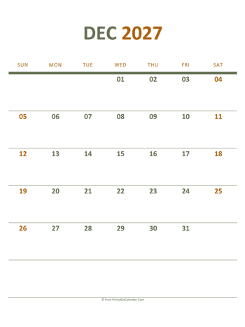 december 2027 printable calendar