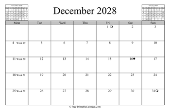 december 2028 calendar horizontal