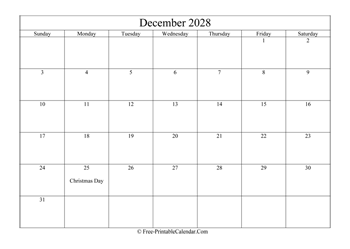 december 2028 calendar printable holidays