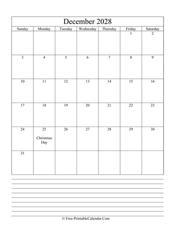 december 2028 editable calendar notes portrait